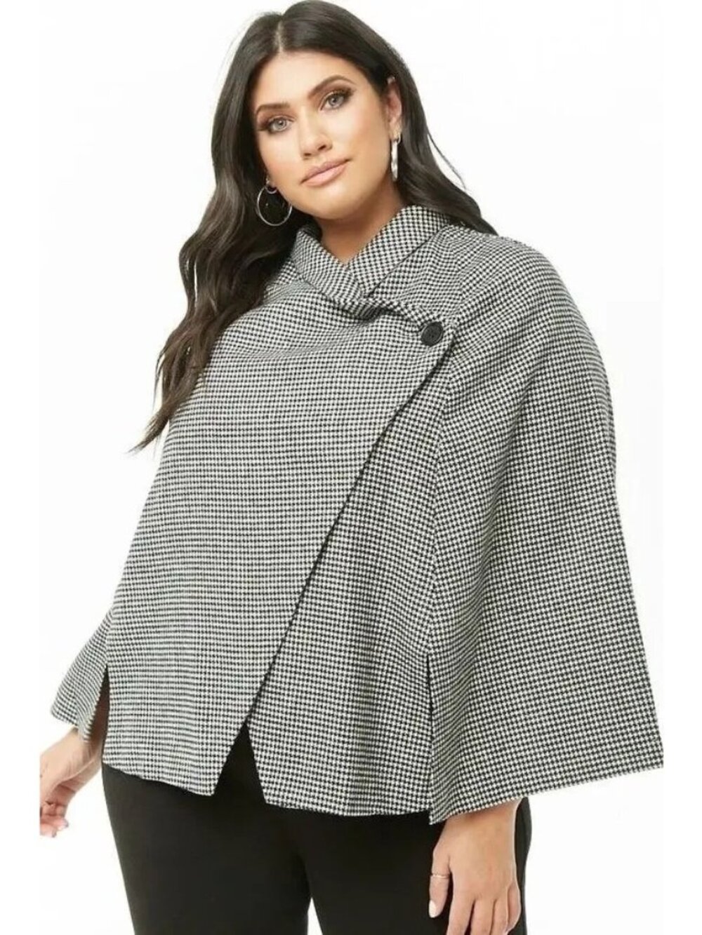 Black & White Houndstooth Poncho Cape Coat Size 2X Lined Jacket Wrap Wool Blend